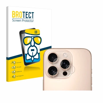 Vorderseite einer Produktverpackung mit dem Markenlogo BROTECT. Daneben ist das Gerät Apple iPhone 16 Pro (NUR Kameraschutz) m