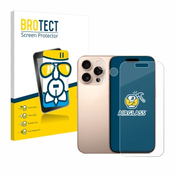 Vorderseite einer Produktverpackung mit dem Markenlogo BROTECT. Daneben ist das Gerät Apple iPhone 16 Pro (Display+Kamera) mit