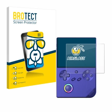 Vorderseite einer Produktverpackung mit dem Markenlogo BROTECT. Daneben ist das Gerät Anbernic RG40XXV mit dem zugehörigen Dis