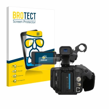 Vorderseite einer Produktverpackung mit dem Markenlogo BROTECT. Daneben ist das Gerät Sony PXW-Z200 mit dem zugehörigen Displa