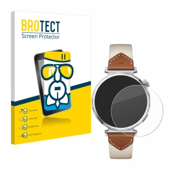 Vorderseite einer Produktverpackung mit dem Markenlogo BROTECT. Daneben ist das Gerät Huawei Watch GT 5 (41 mm) mit dem zugehö
