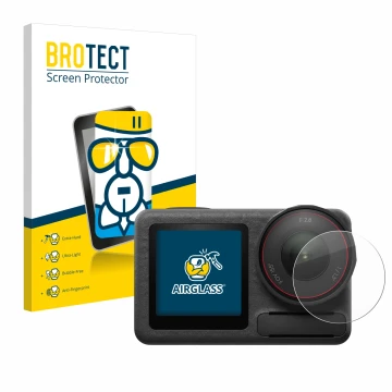 Vorderseite einer Produktverpackung mit dem Markenlogo BROTECT. Daneben ist das Gerät DJI Osmo Action 5 Pro (Linse) mit dem zu