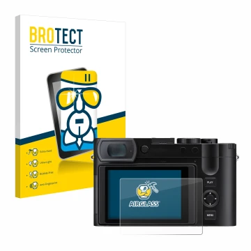 Vorderseite einer Produktverpackung mit dem Markenlogo BROTECT. Daneben ist das Gerät Leica Q3 43 mit dem zugehörigen Displays