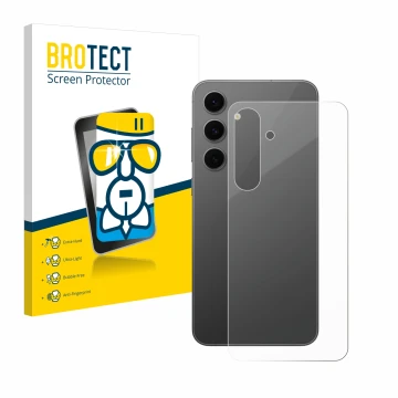 Vorderseite einer Produktverpackung mit dem Markenlogo BROTECT. Daneben ist das Gerät Samsung Galaxy S24 FE (Rückseite) mit de