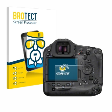 Vorderseite einer Produktverpackung mit dem Markenlogo BROTECT. Daneben ist das Gerät Canon EOS R1 mit dem zugehörigen Display