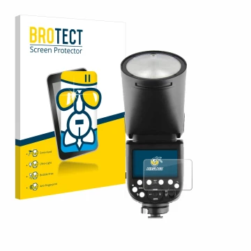 Vorderseite einer Produktverpackung mit dem Markenlogo BROTECT. Daneben ist das Gerät Godox TT685 II mit dem zugehörigen Displ