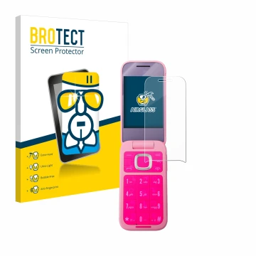 Vorderseite einer Produktverpackung mit dem Markenlogo BROTECT. Daneben ist das Gerät HMD Barbie Phone mit dem zugehörigen Dis
