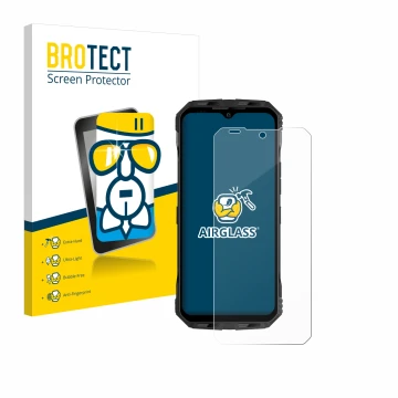 Vorderseite einer Produktverpackung mit dem Markenlogo BROTECT. Daneben ist das Gerät Doogee V Max Plus mit dem zugehörigen Di