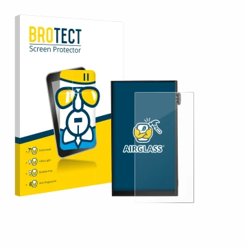 Vorderseite einer Produktverpackung mit dem Markenlogo BROTECT. Daneben ist das Gerät iBasso DX180 mit dem zugehörigen Display