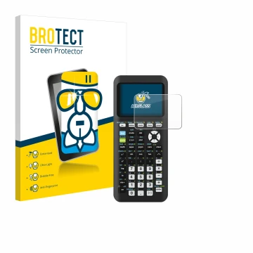 Vorderseite einer Produktverpackung mit dem Markenlogo BROTECT. Daneben ist das Gerät Texas Instruments TI-84 Plus CE-T Python
