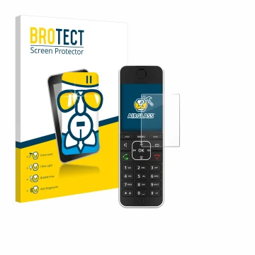 Vorderseite einer Produktverpackung mit dem Markenlogo BROTECT. Daneben ist das Gerät AVM Fritz!Fon C6 Black mit dem zugehörig