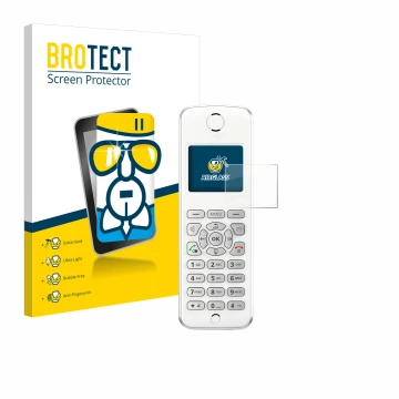 Vorderseite einer Produktverpackung mit dem Markenlogo BROTECT. Daneben ist das Gerät AVM Fritz!Fon M2 mit dem zugehörigen Dis