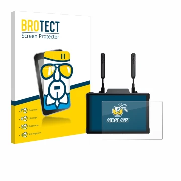 Vorderseite einer Produktverpackung mit dem Markenlogo BROTECT. Daneben ist das Gerät Hollyland Pyro 7 mit dem zugehörigen Dis