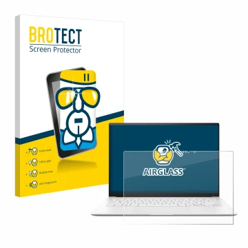 Vorderseite einer Produktverpackung mit dem Markenlogo BROTECT. Daneben ist das Gerät ASUS ZenBook S 14 UX5406 mit dem zugehör