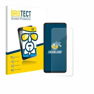 Vorderseite einer Produktverpackung mit dem Markenlogo BROTECT. Daneben ist das Gerät ZTE Blade A75 4G mit dem zugehörigen Dis