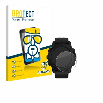 Vorderseite einer Produktverpackung mit dem Markenlogo BROTECT. Daneben ist das Gerät Garmin Descent G1 Solar mit dem zugehöri