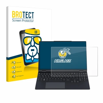 Vorderseite einer Produktverpackung mit dem Markenlogo BROTECT. Daneben ist das Gerät Tuxedo InfinityBook Pro 15 Gen 9 mit dem