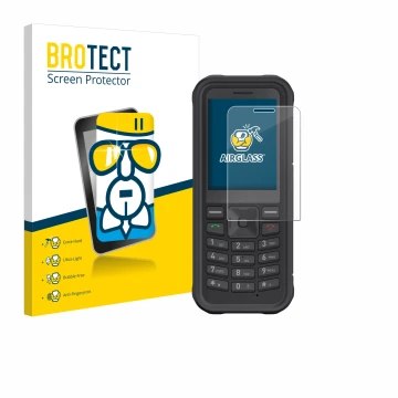 Vorderseite einer Produktverpackung mit dem Markenlogo BROTECT. Daneben ist das Gerät Sonim XP100 mit dem zugehörigen Displays