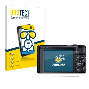 Vorderseite einer Produktverpackung mit dem Markenlogo BROTECT. Daneben ist das Gerät Canon PowerShot SX740 HS Lite mit dem zu