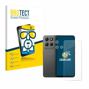 Vorderseite einer Produktverpackung mit dem Markenlogo BROTECT. Daneben ist das Gerät Motorola Moto G15 (Display+Kamera) mit d
