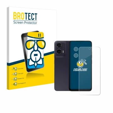 Vorderseite einer Produktverpackung mit dem Markenlogo BROTECT. Daneben ist das Gerät Motorola Moto G35 (Display+Kamera) mit d