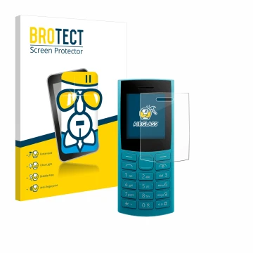 Vorderseite einer Produktverpackung mit dem Markenlogo BROTECT. Daneben ist das Gerät Nokia 105 4G 2nd Edition mit dem zugehör