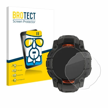 Vorderseite einer Produktverpackung mit dem Markenlogo BROTECT. Daneben ist das Gerät Garmin Instinct 3 Solar (45 mm) mit dem 