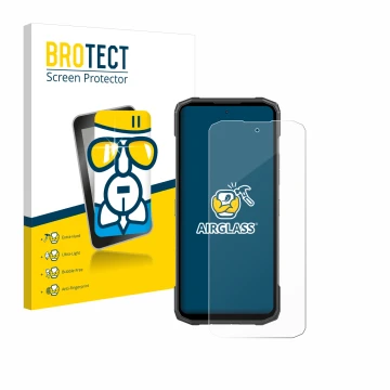 Vorderseite einer Produktverpackung mit dem Markenlogo BROTECT. Daneben ist das Gerät Doogee Blade 10 Power mit dem zugehörige