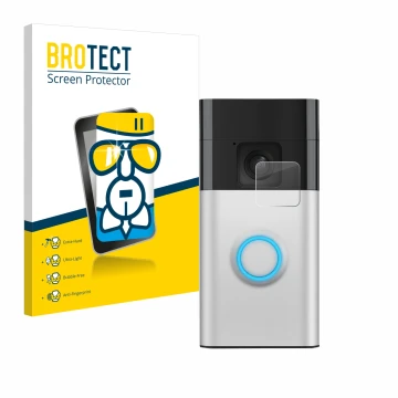 Vorderseite einer Produktverpackung mit dem Markenlogo BROTECT. Daneben ist das Gerät Ring Battery Video Doorbell mit dem zuge