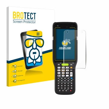 Vorderseite einer Produktverpackung mit dem Markenlogo BROTECT. Daneben ist das Gerät Zebra MC3400 mit dem zugehörigen Display