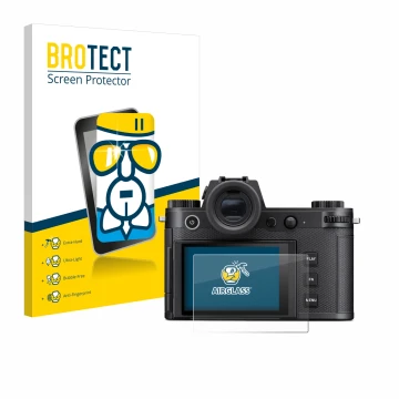 Vorderseite einer Produktverpackung mit dem Markenlogo BROTECT. Daneben ist das Gerät Leica SL3-S mit dem zugehörigen Displays