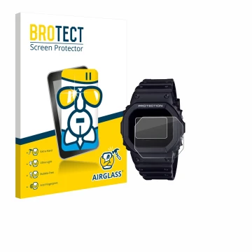 Vorderseite einer Produktverpackung mit dem Markenlogo BROTECT. Daneben ist das Gerät Casio G-Shock DW-5600RL-1 mit dem zugehö