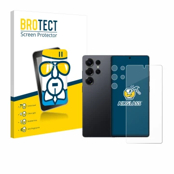 Vorderseite einer Produktverpackung mit dem Markenlogo BROTECT. Daneben ist das Gerät Samsung Galaxy S25 Ultra (Display+Kamera