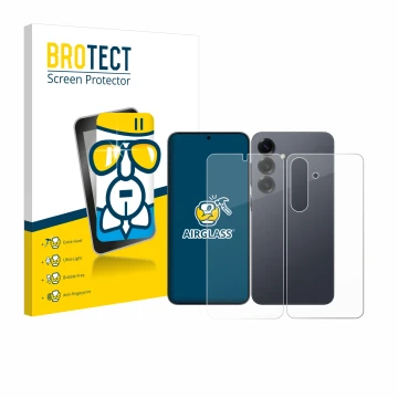 Vorderseite einer Produktverpackung mit dem Markenlogo BROTECT. Daneben ist das Gerät Samsung Galaxy S25 (Display+Rückseite) m