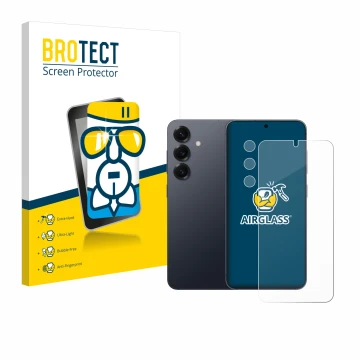 Vorderseite einer Produktverpackung mit dem Markenlogo BROTECT. Daneben ist das Gerät Samsung Galaxy S25 Plus (Display+Kamera)