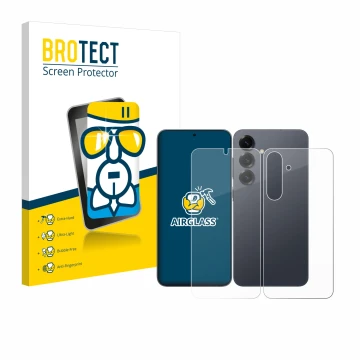 Vorderseite einer Produktverpackung mit dem Markenlogo BROTECT. Daneben ist das Gerät Samsung Galaxy S25 Plus (Display+Rücksei