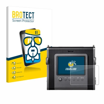 Vorderseite einer Produktverpackung mit dem Markenlogo BROTECT. Daneben ist das Gerät Fujifilm Instax Wide Evo mit dem zugehör