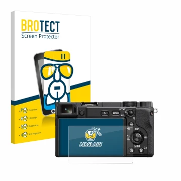 Vorderseite einer Produktverpackung mit dem Markenlogo BROTECT. Daneben ist das Gerät Sony Alpha 6100A mit dem zugehörigen Dis