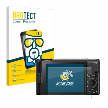 Vorderseite einer Produktverpackung mit dem Markenlogo BROTECT. Daneben ist das Gerät Sony ZV-1A mit dem zugehörigen Displaysc