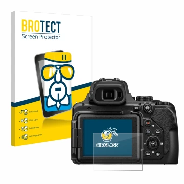 Vorderseite einer Produktverpackung mit dem Markenlogo BROTECT. Daneben ist das Gerät Nikon Coolpix P1100 mit dem zugehörigen 