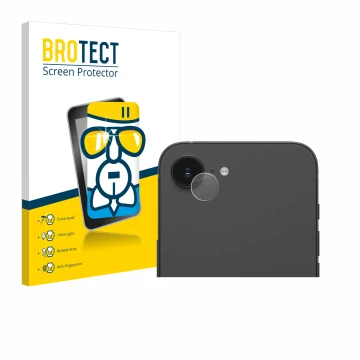 Vorderseite einer Produktverpackung mit dem Markenlogo BROTECT. Daneben ist das Gerät Apple iPhone 16e (NUR Kameraschutz) mit 