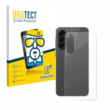 Vorderseite einer Produktverpackung mit dem Markenlogo BROTECT. Daneben ist das Gerät Samsung Galaxy A56 5G (Rückseite) mit de