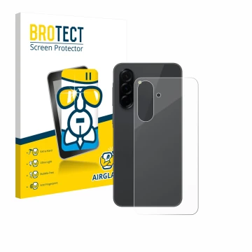 Vorderseite einer Produktverpackung mit dem Markenlogo BROTECT. Daneben ist das Gerät Samsung Galaxy A36 5G (Rückseite) mit de