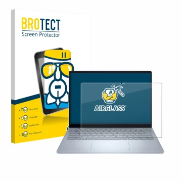 Vorderseite einer Produktverpackung mit dem Markenlogo BROTECT. Daneben ist das Gerät Dell 14 Plus 2-in-1 mit dem zugehörigen 