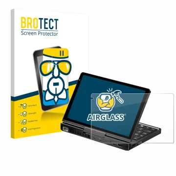 Vorderseite einer Produktverpackung mit dem Markenlogo BROTECT. Daneben ist das Gerät GPD Pocket 4 mit dem zugehörigen Display