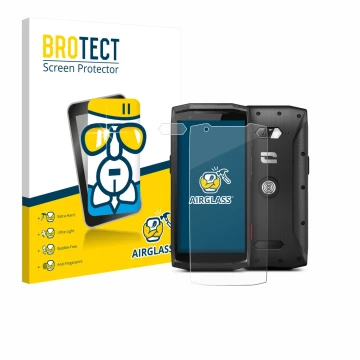 Vorderseite einer Produktverpackung mit dem Markenlogo BROTECT. Daneben ist das Gerät Crosscall Core-M5 (Display+Kamera) mit d