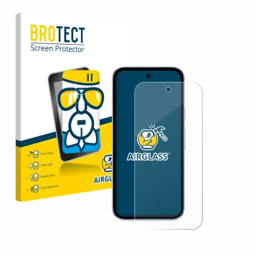 Vorderseite einer Produktverpackung mit dem Markenlogo BROTECT. Daneben ist das Gerät Google Pixel 9a mit dem zugehörigen Disp