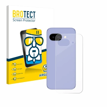 Vorderseite einer Produktverpackung mit dem Markenlogo BROTECT. Daneben ist das Gerät Google Pixel 9a (Rückseite) mit dem zuge