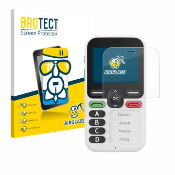 Vorderseite einer Produktverpackung mit dem Markenlogo BROTECT. Daneben ist das Gerät Doro Leva X10 mit dem zugehörigen Displa