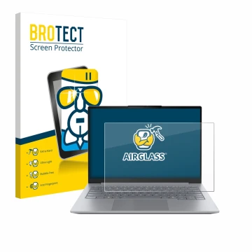 Vorderseite einer Produktverpackung mit dem Markenlogo BROTECT. Daneben ist das Gerät Lenovo ThinkBook 14 Gen 8 mit dem zugehö